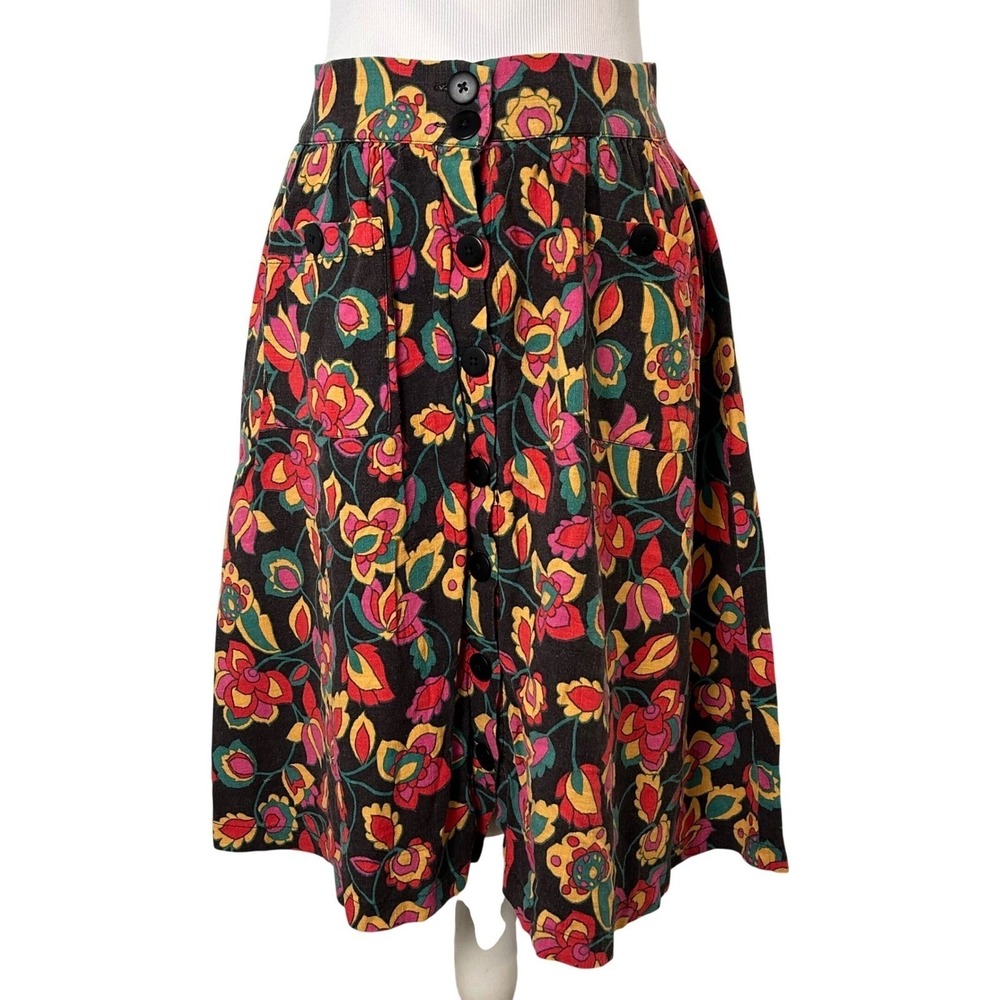 ModCloth Retro Abstract Black Floral Button Front Midi Skirt Size Medium